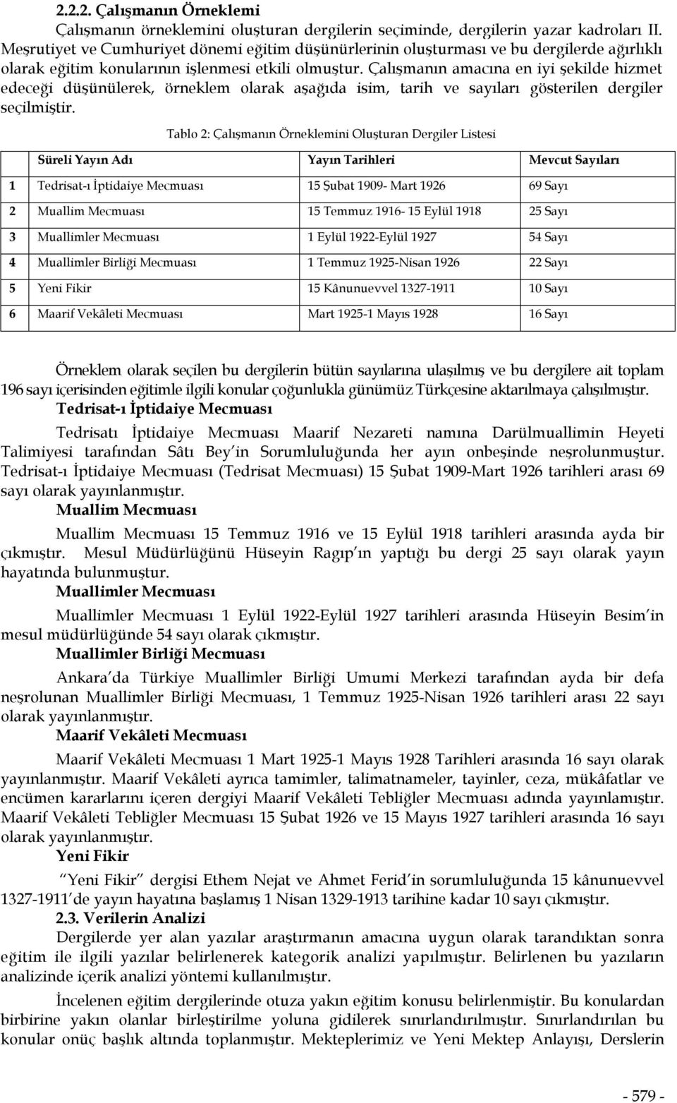 Çalışmanın amacına en iyi şekilde hizmet edeceği düşünülerek, örneklem olarak aşağıda isim, tarih ve sayıları gösterilen dergiler seçilmiştir.