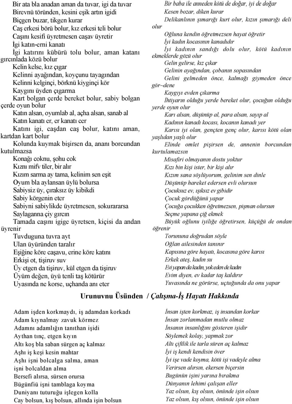 bolgan çerde bereket bolur, sabiy bolgan çerde oyun bolur Katn alsan, oyumlab al, açha alsan, sanab al Katn kanat er, er kanat cer Katn igi, cadan ca bolur, katn aman, kartdan kart bolur Kolunda