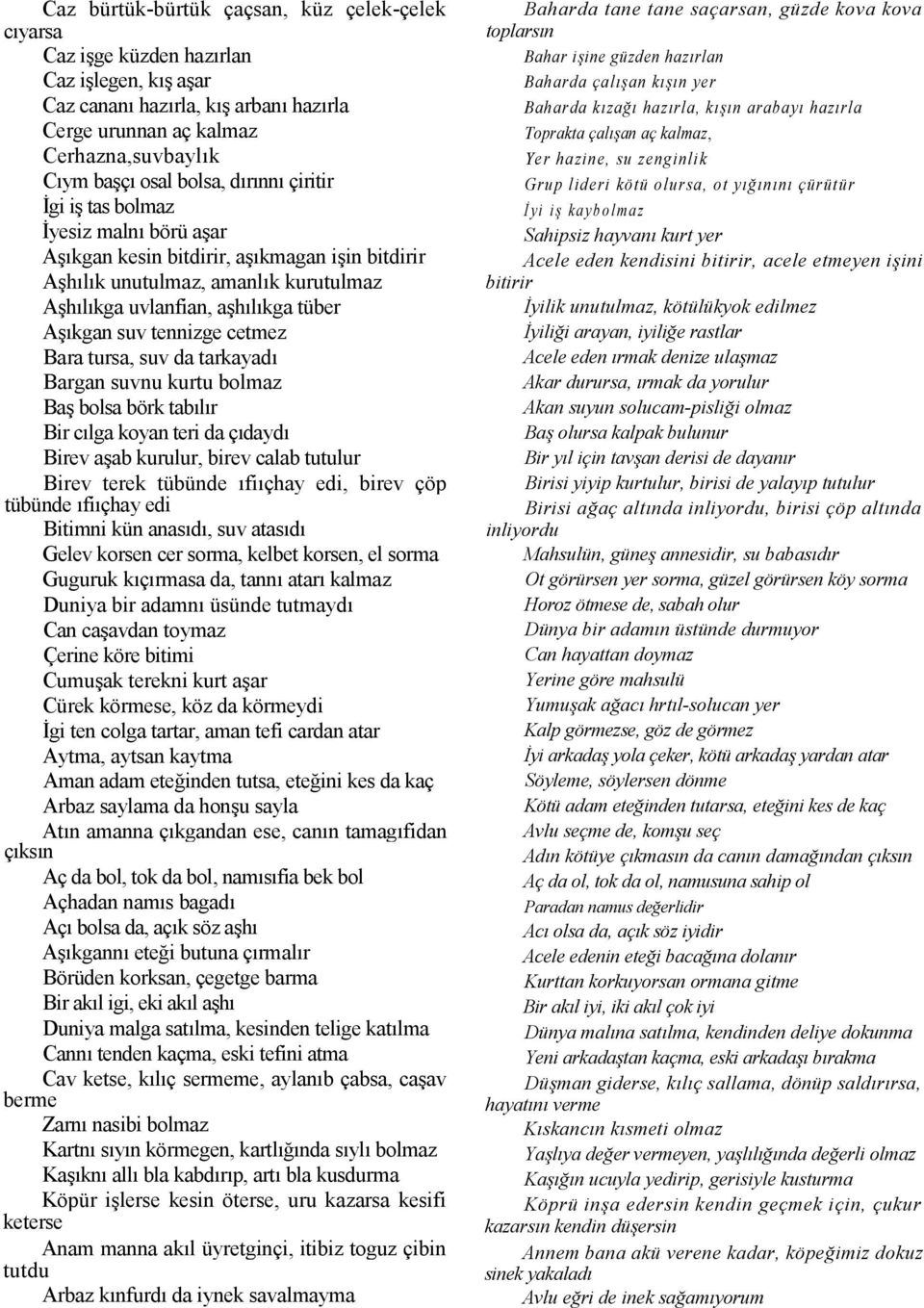 Bargan suvnu kurtu bolmaz Ba bolsa börk tablr Bir clga koyan teri da çdayd Birev aab kurulur, birev calab tutulur Birev terek tübünde fiçhay edi, birev çöp tübünde fiçhay edi Bitimni kün anasd, suv