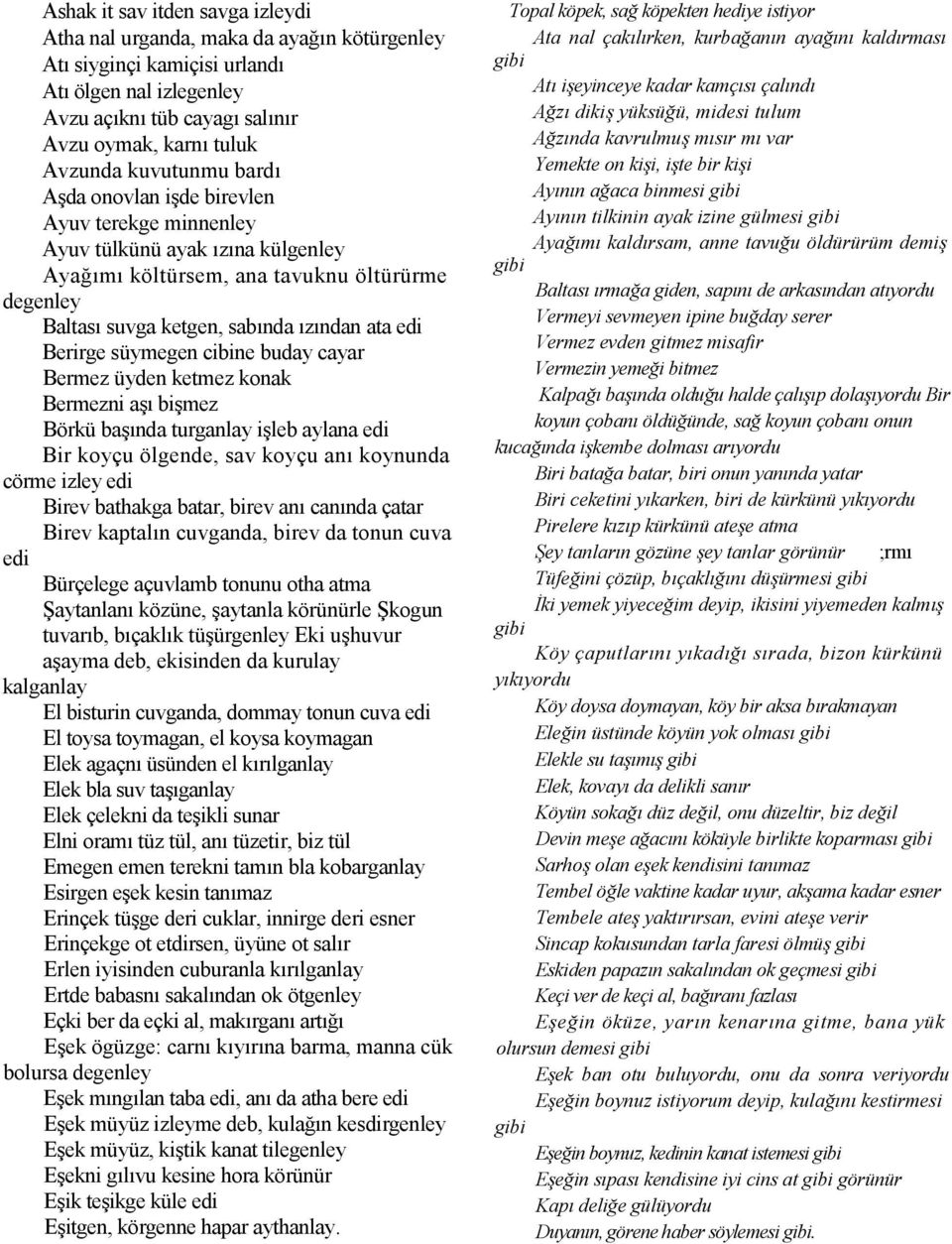 buday cayar Bermez üyden ketmez konak Bermezni a bimez Börkü banda turganlay ileb aylana edi Bir koyçu ölgende, sav koyçu an koynunda cörme izley edi Birev bathakga batar, birev an cannda çatar Birev