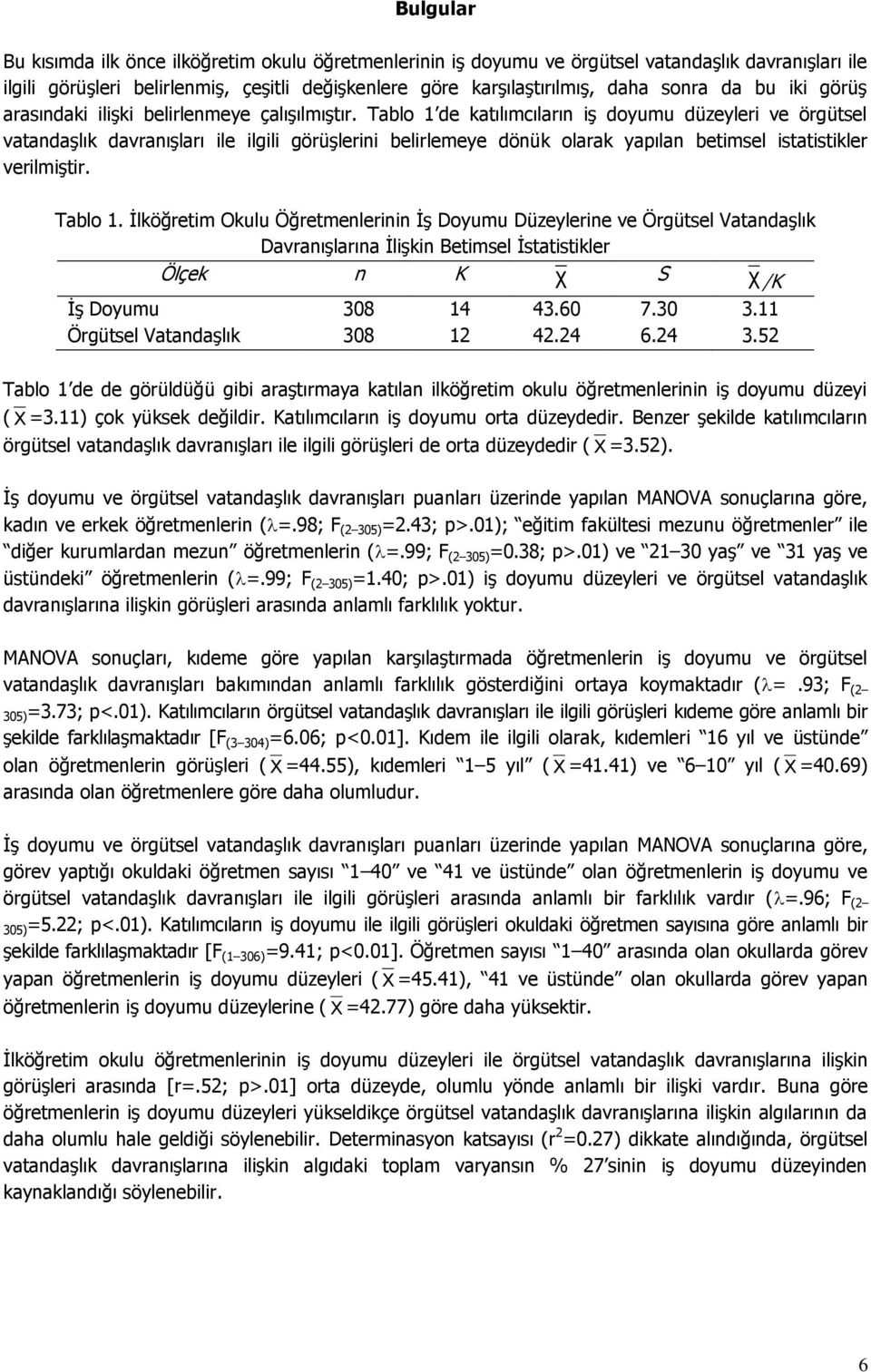 Tablo 1 de katılımcıların iş doyumu düzeyleri ve örgütsel vatandaşlık davranışları ile ilgili görüşlerini belirlemeye dönük olarak yapılan betimsel istatistikler verilmiştir. Tablo 1.