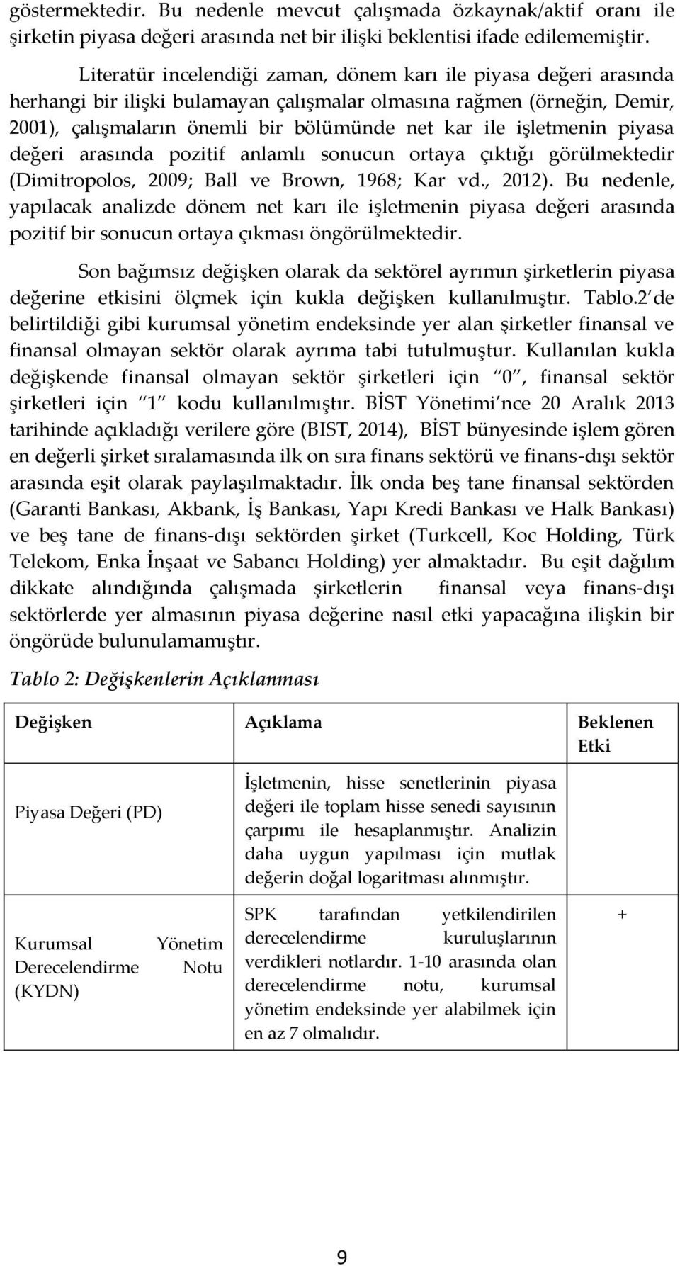 işletmenin piyasa değeri arasında pozitif anlamlı sonucun ortaya çıktığı görülmektedir (Dimitropolos, 2009; Ball ve Brown, 1968; Kar vd., 2012).