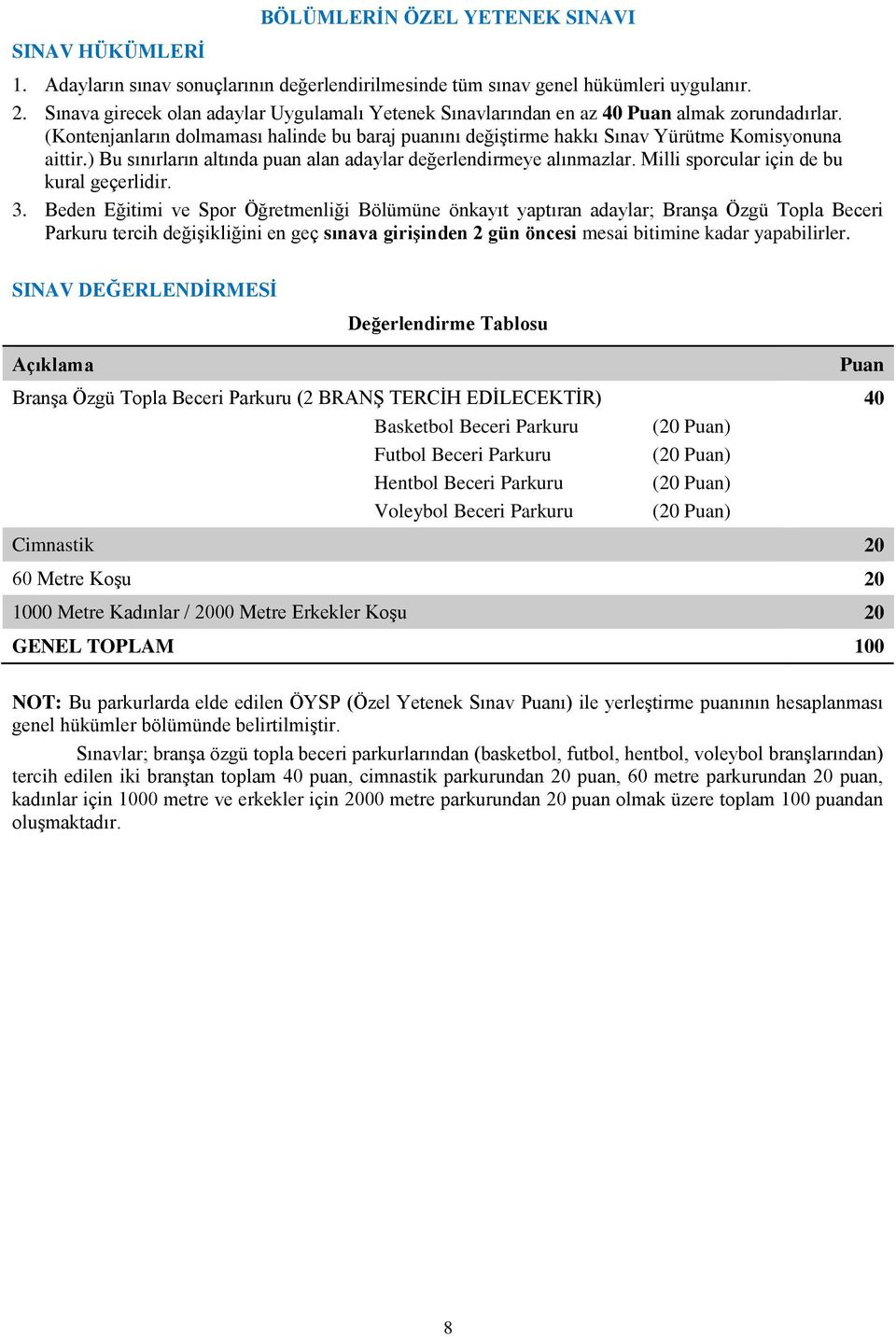 ) Bu sınırların altında puan alan adaylar değerlendirmeye alınmazlar. Milli sporcular için de bu kural geçerlidir. 3.