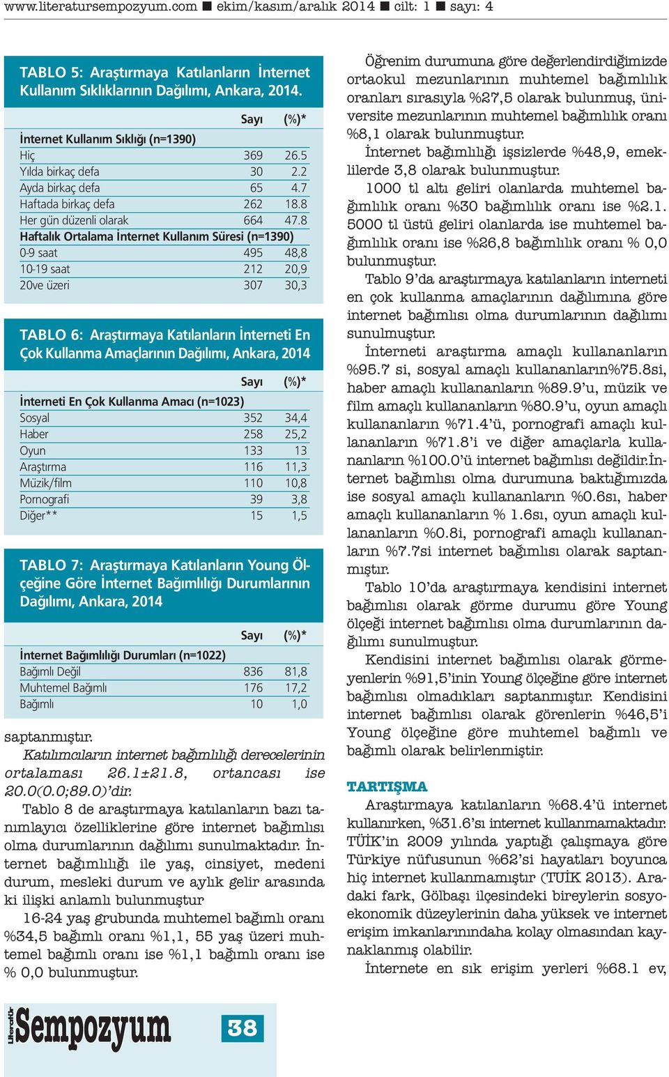 8 Haftalık Ortalama İnternet Kullanım Süresi (n=1390) 0-9 saat 495 48,8 10-19 saat 212 20,9 20ve üzeri 307 30,3 TABLO 6: Araştırmaya Katılanların İnterneti En Çok Kullanma Amaçlarının Dağılımı,