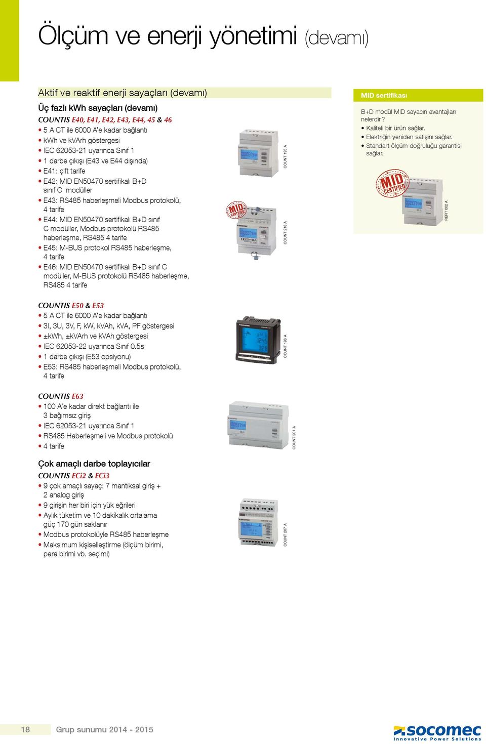 MID EN50470 sertifikalı B+D sınıf C modüller, Modbus protokolü RS485 haberleşme, RS485 4 tarife E45: M-BUS protokol RS485 haberleşme, 4 tarife E46: MID EN50470 sertifikalı B+D sınıf C modüller, M-BUS