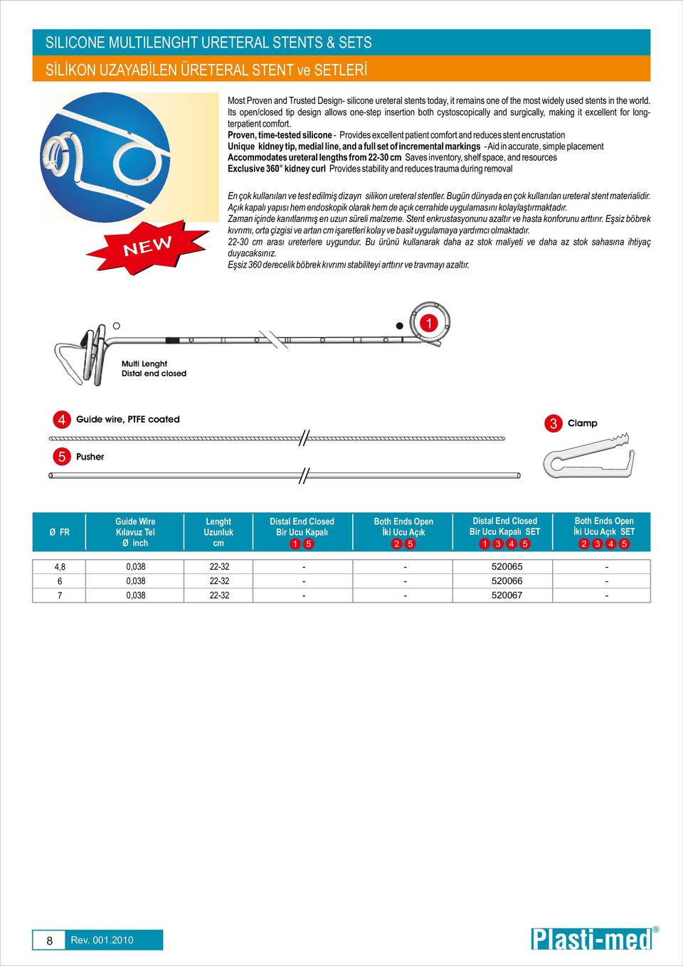 Proven, timetested silicone Provides excellent patient comfort and reduces stent encrustation Unique kidney tip, medial line, and a full set of incremental markings Aid in accurate, simple placement