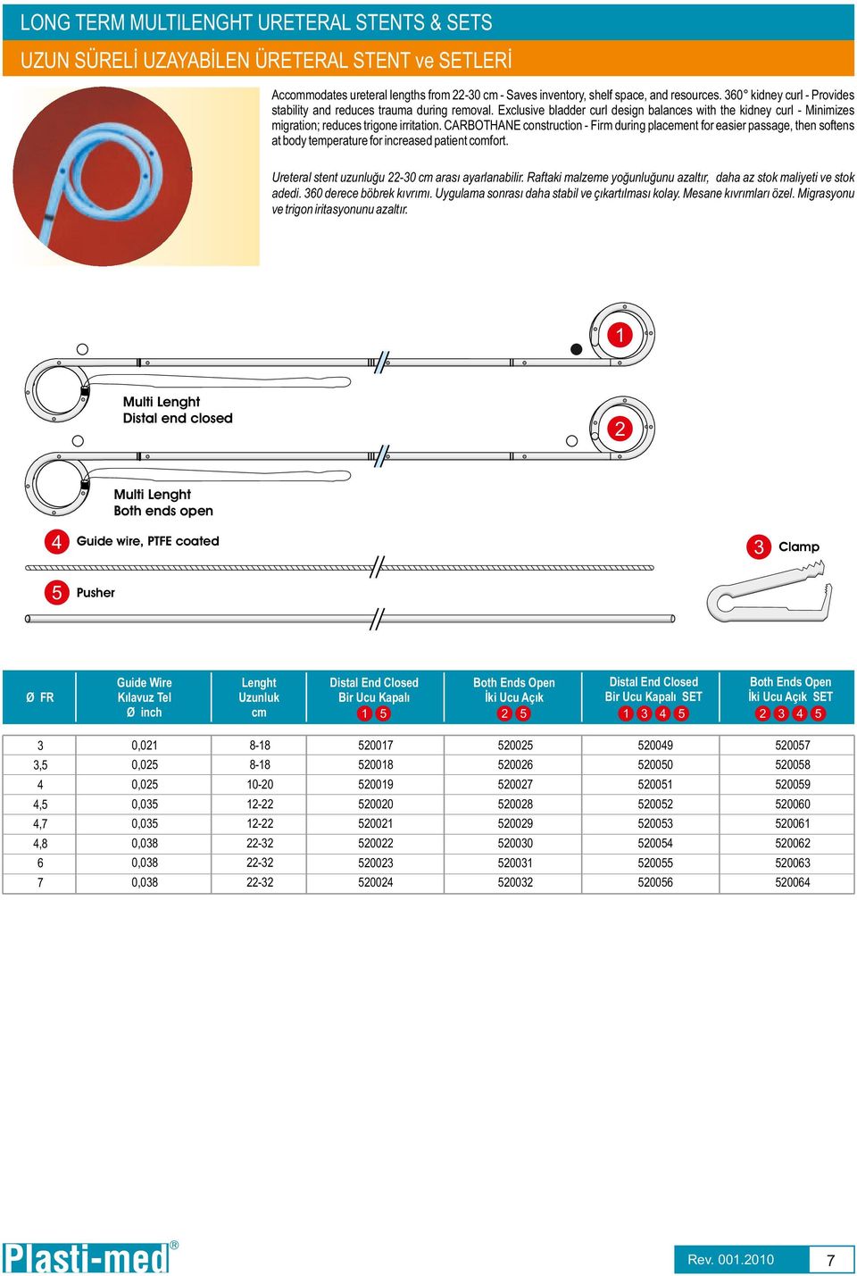 CARBOTHANE construction Firm during placement for easier passage, then softens at body temperature for increased patient comfort. Ureteral stent uzunluğu 0 arası ayarlanabilir.