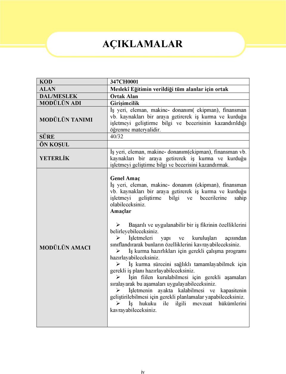 SÜRE 40/32 ÖN KOŞUL İş yeri, eleman, makine- donanım(ekipman), finansman vb. YETERLİK kaynakları bir araya getirerek iş kurma ve kurduğu işletmeyi geliştirme bilgi ve becerisini kazandırmak.