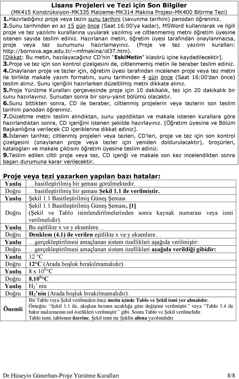 Sunu tarihinden en az 15 gün önce (Saat 16:00 ya kadar), MSWord kullanılarak ve ilgili proje ve tez yazılımı kurallarına uyularak yazılmış ve ciltlenmemiş metni öğretim üyesine istenen sayıda teslim