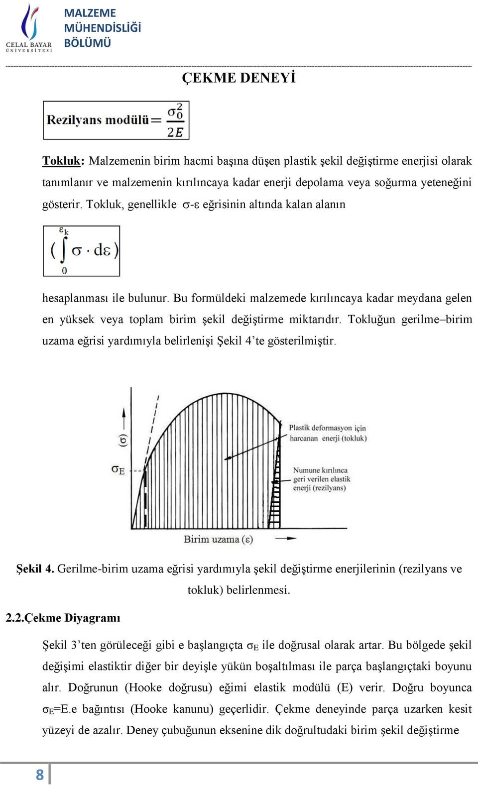 Tokluğun gerilme birim uzama eğrisi yardımıyla belirlenişi Şekil 4 te gösterilmiştir. Şekil 4. Gerilme-birim uzama eğrisi yardımıyla şekil değiştirme enerjilerinin (rezilyans ve tokluk) belirlenmesi.