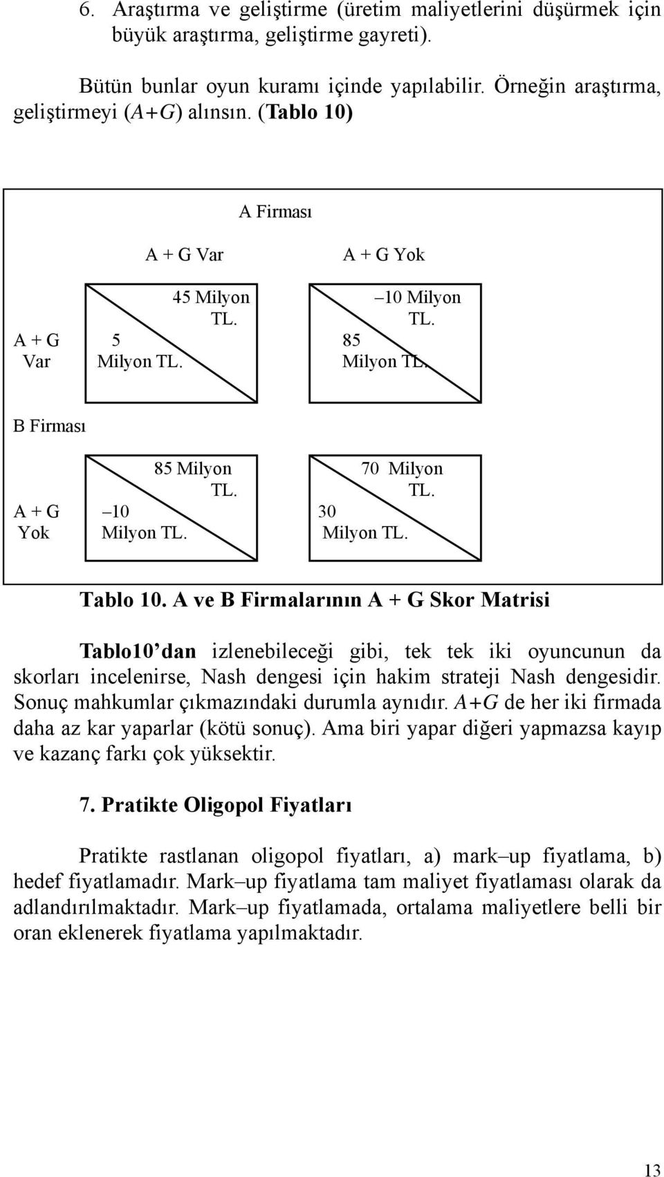 A ve B Frmalarının A + G Skor Matrs Tablo0 dan zlenebleceğ gb, tek tek k oyuncunun da skorları ncelenrse, Nash denges çn hakm stratej Nash dengesdr. Sonuç mahkumlar çıkmazındak durumla aynıdır.