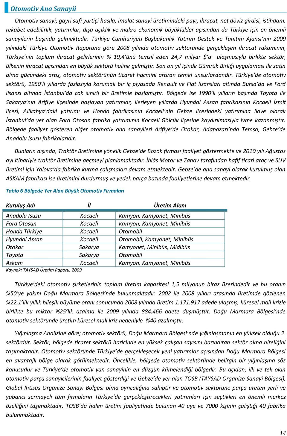 Türkiye Cumhuriyeti Başbakanlık Yatırım Destek ve Tanıtım Ajansı nın 2009 yılındaki Türkiye Otomotiv Raporuna göre 2008 yılında otomotiv sektöründe gerçekleşen ihracat rakamının, Türkiye nin toplam