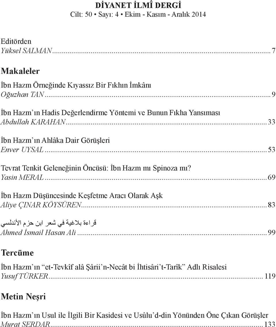 ..53 Tevrat Tenkit Geleneğinin Öncüsü: İbn Hazm mı Spinoza mı? Yasin MERAL...69 İbn Hazm Düşüncesinde Keşfetme Aracı Olarak Aşk Aliye ÇINAR KÖYSÜREN.