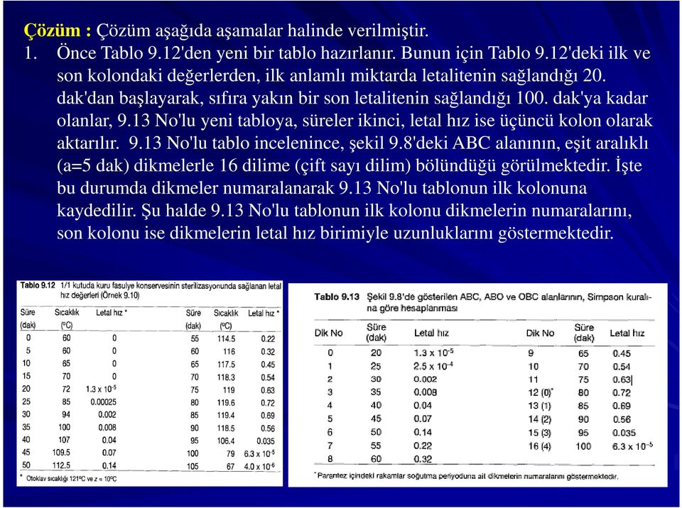 13 No'lu yeni tabloya, süreler ikinci, letal hız ise üçüncü kolon olarak aktarılır. 9.13 No'lu tablo incelenince, şekil 9.