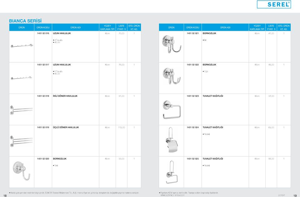 02 023 TUVALET KAĞITLIĞI Krom 37,00 1 1401 02 019 ÜÇLÜ DÖNER HAVLULUK Krom 112,00 1 1401 02 024 TUVALET KAĞITLIĞI Krom 69,00 1