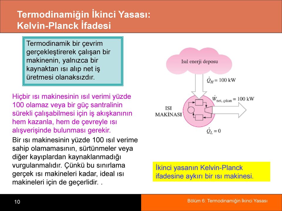 Hiçbir ısı makinesinin ısıl verimi yüzde 100 olamaz veya bir güç santralinin sürekli çalışabilmesi için iş akışkanının hem kazanla, hem de çevreyle ısı