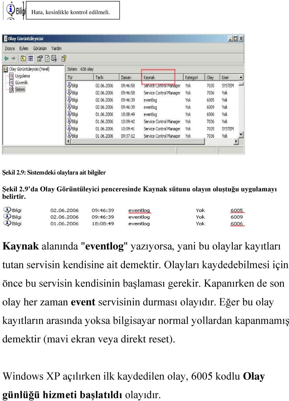 Kaynak alanında "eventlog" yazıyorsa, yani bu olaylar kayıtları tutan servisin kendisine ait demektir.