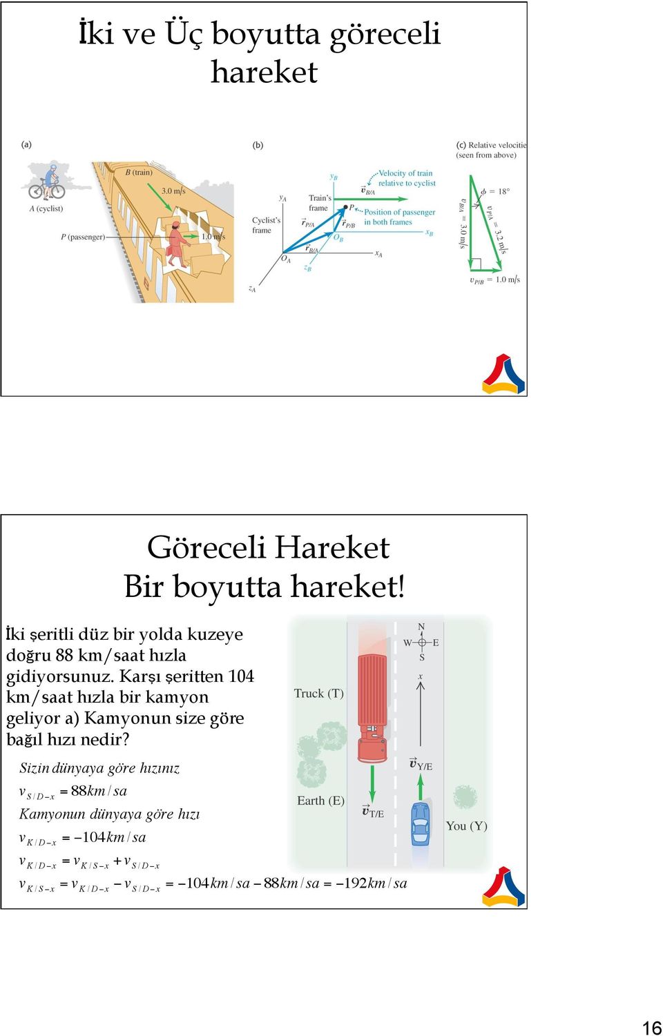 Karşı şeritten 104 km/saat hızla bir kamyon geliyor a) Kamyonun size göre bağıl hızı nedir?