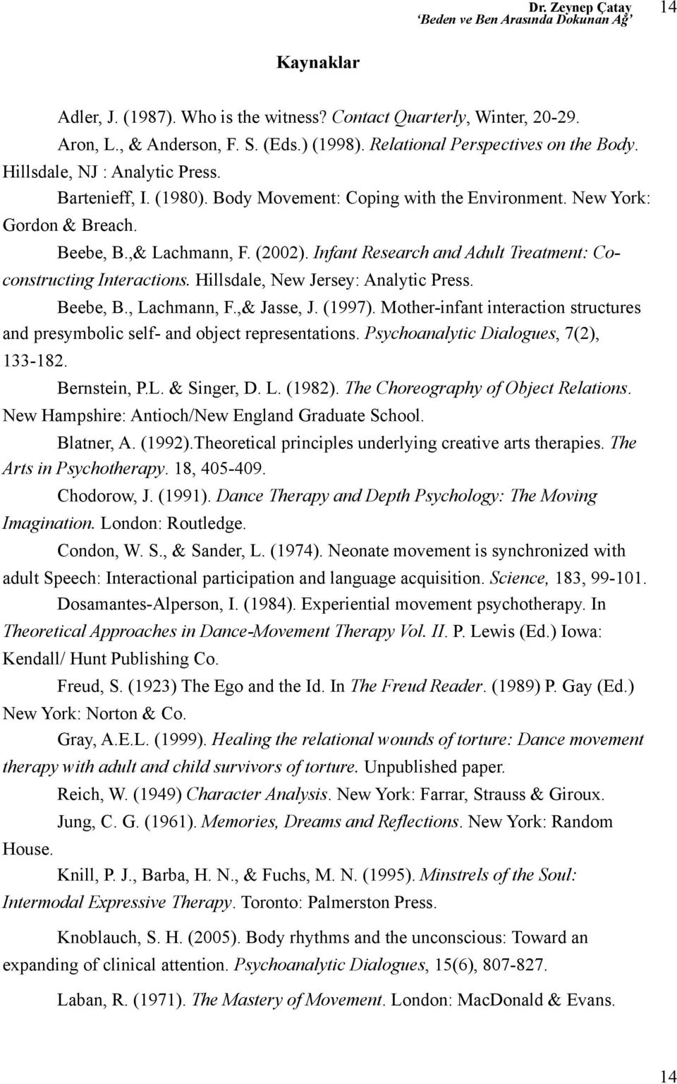 Hillsdale, New Jersey: Analytic Press. Beebe, B., Lachmann, F.,& Jasse, J. (1997). Mother-infant interaction structures and presymbolic self- and object representations.