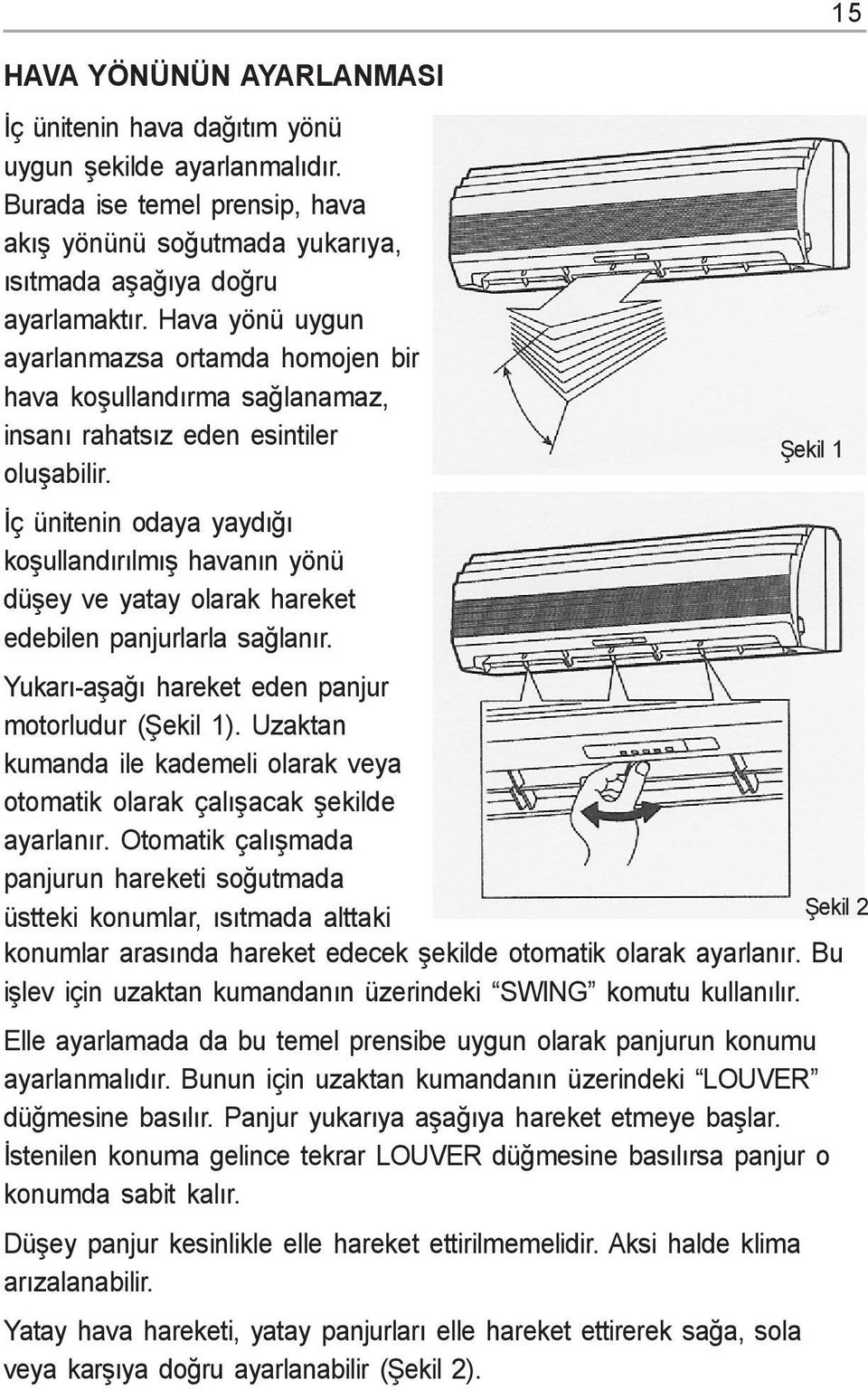 Ýç ünitenin odaya yaydýðý koþullandýrýlmýþ havanýn yönü düþey ve yatay olarak hareket edebilen panjurlarla saðlanýr. Yukarý-aþaðý hareket eden panjur motorludur (Þekil 1).