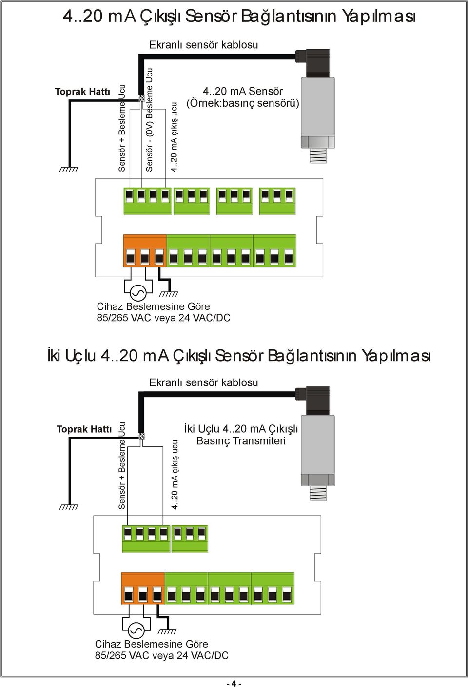 .20 ma Sensör (Örnek:basınç sensörü) Cihaz Beslemesine Göre 85/265 VAC veya 24 VAC/DC İki Uçlu 4.