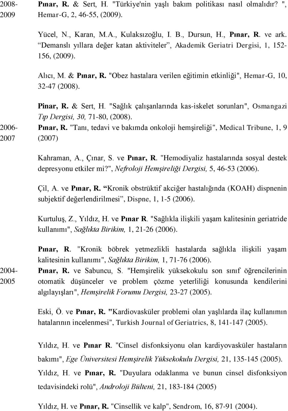 2006-2007 Pinar, R. & Sert, H. "Sağlık çalışanlarında kas-iskelet sorunları", Osmangazi Tıp Dergisi, 30, 71-80, (2008). Pınar, R.