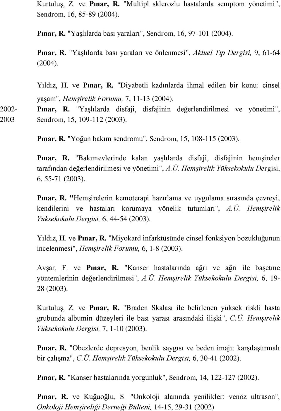 Pınar, R. "Yoğun bakım sendromu", Sendrom, 15, 108-115 (2003). Pınar, R. "Bakımevlerinde kalan yaşlılarda disfaji, disfajinin hemşireler tarafından değerlendirilmesi ve yönetimi", A.Ü.