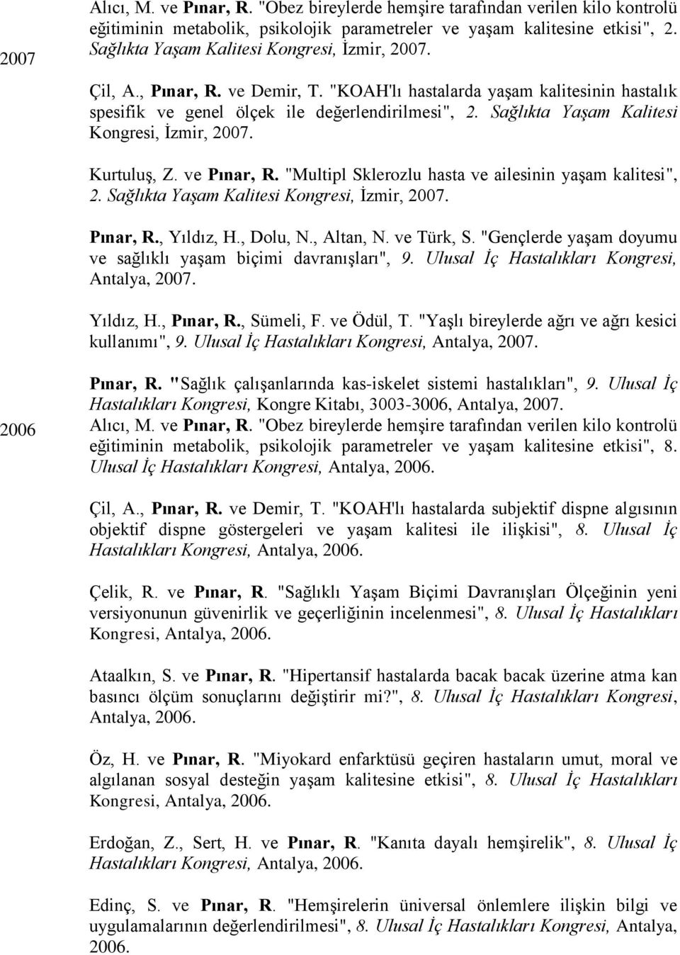 Sağlıkta Yaşam Kalitesi Kongresi, İzmir, 2007. Kurtuluş, Z. ve Pınar, R. "Multipl Sklerozlu hasta ve ailesinin yaşam kalitesi", 2. Sağlıkta Yaşam Kalitesi Kongresi, İzmir, 2007. Pınar, R., Yıldız, H.