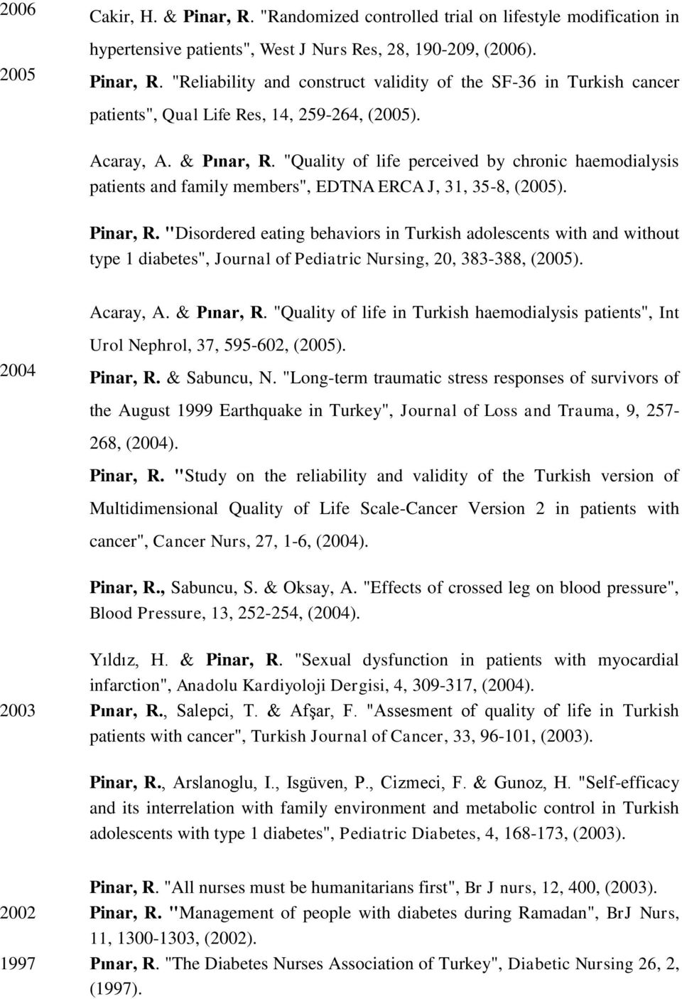 "Quality of life perceived by chronic haemodialysis patients and family members", EDTNA ERCA J, 31, 35-8, (2005). Pinar, R.