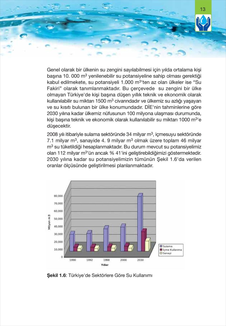 Bu çerçevede su zengini bir ülke olmayan Türkiye'de kişi başına düşen yıllık teknik ve ekonomik olarak kullanılabilir su miktarı 1500 m 3 civarındadır ve ülkemiz su azlığı yaşayan ve su kısıtı