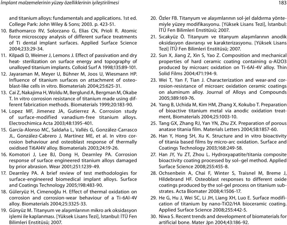 Kilpadi D, Weimer J, Lemons J. Effect of passivation and dry heat- sterilization on surface energy and topography of unalloyed titanium implants. Colloid Surf A 1998;135:89-101. 12.