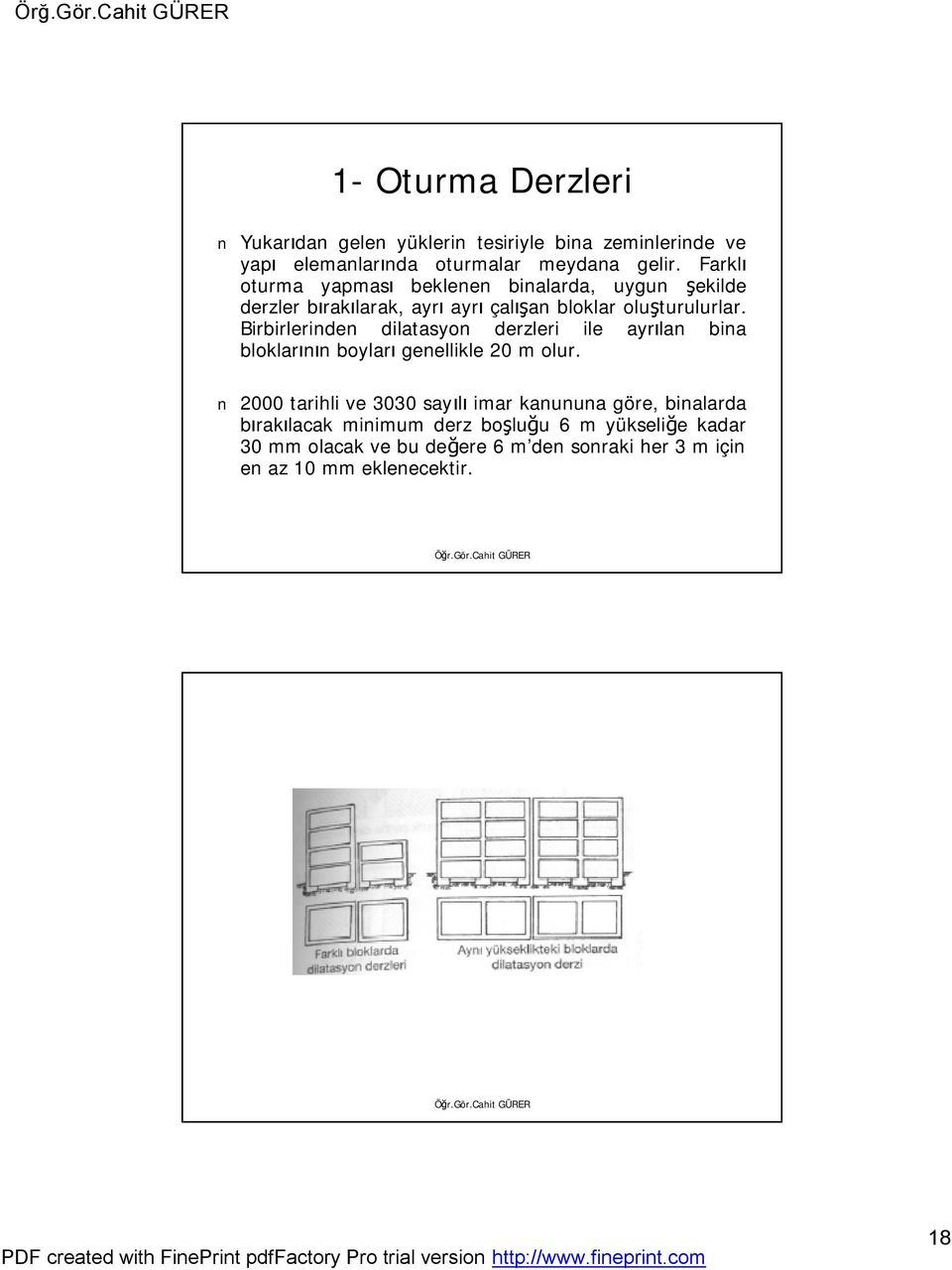 Birbirlerinden dilatasyon derzleri ile ayrılan bina bloklarının boyları genellikle 20 m olur.