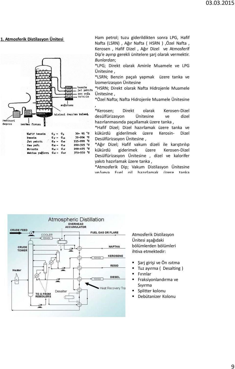 Bunlardan; *LPG; Direkt olarak Aminle Muamele ve LPG Ünitesine, *LSRN; Benzin paçalı yapmak üzere tanka ve İzomerizasyon Ünitesine *HSRN; Direkt olarak Nafta Hidrojenle Muamele Ünitesine, *Özel