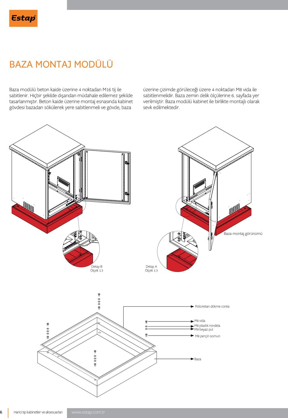 sabitlenmelidir. Baza zemin delik ölçülerine 6. sayfada yer verilmiştir. Baza modülü kabinet ile birlikte montajlı olarak sevk edilmektedir.