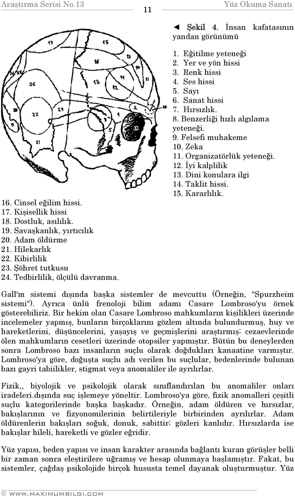 Felsefi muhakeme 10. Zeka 11. Organizatörlük yeteneği. 12. İyi kalplilik 13. Dini konulara ilgi 14. Taklit hissi. 15. Kararlılık.