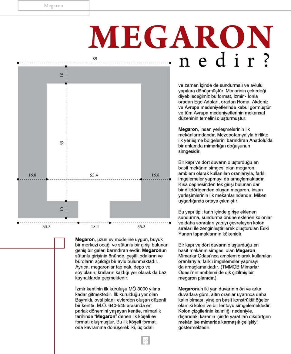 temelini oluşturmuştur. 10 10 69 16.8 55,4 35.3 18.4 35.3 16.8 Megaron, uzun ev modeline uygun, büyük bir merkezi ocağı ve sütunlu bir girişi bulunan geniş bir galeri barındıran evdir.