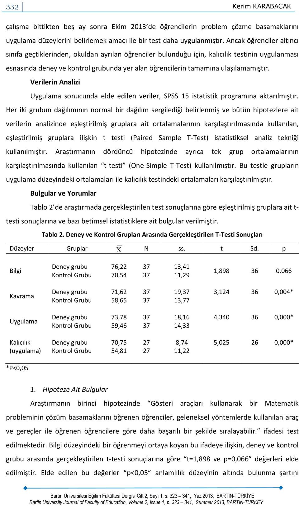 ulaşılamamıştır. Verilerin Analizi Uygulama sonucunda elde edilen veriler, SPSS 15 istatistik programına aktarılmıştır.