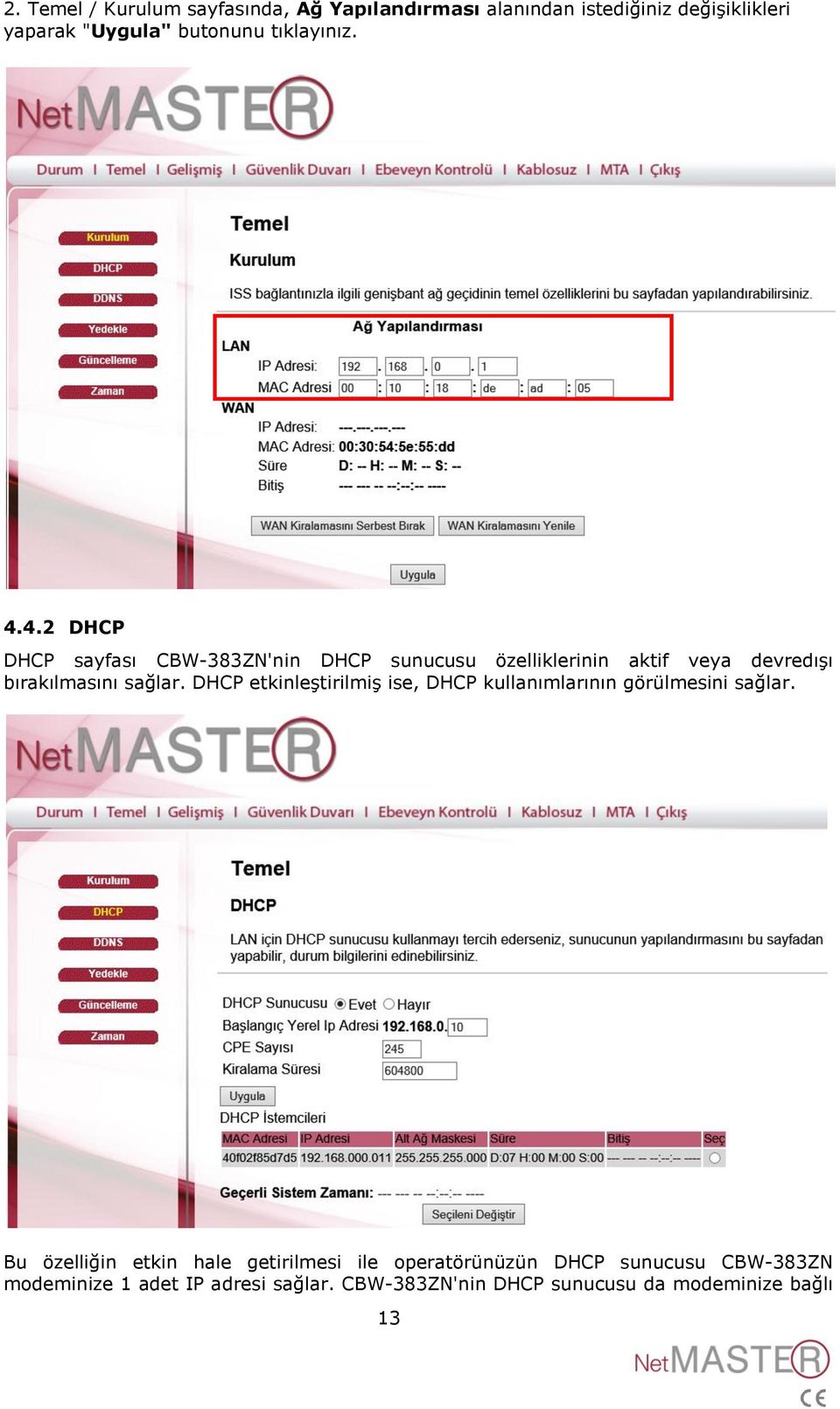 4.2 DHCP DHCP sayfası CBW-383ZN'nin DHCP sunucusu özelliklerinin aktif veya devredışı bırakılmasını sağlar.