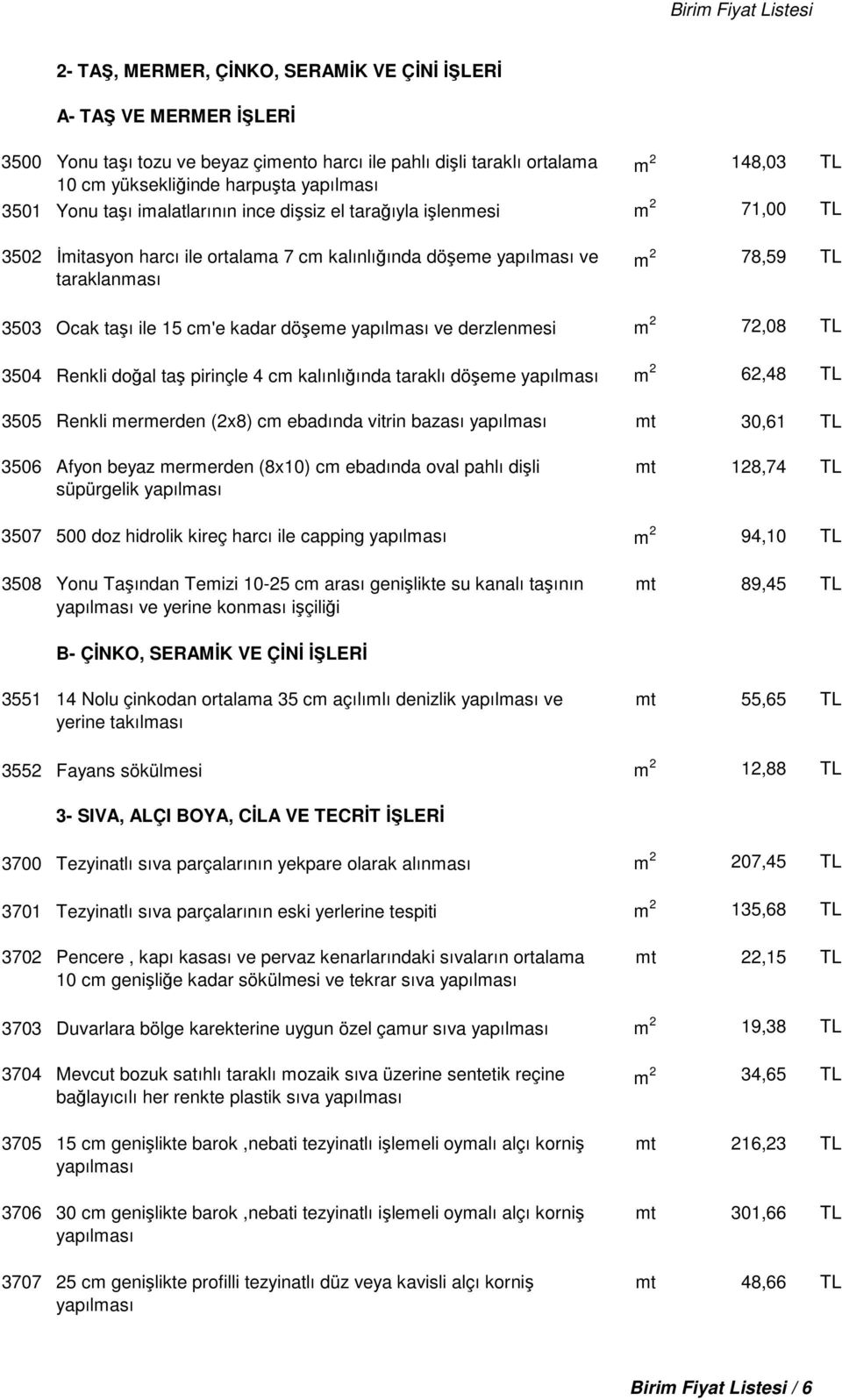 derzlenmesi m 2 72,08 TL 3504 Renkli doğal taş pirinçle 4 cm kalınlığında taraklı döşeme m 2 62,48 TL 3505 Renkli mermerden (2x8) cm ebadında vitrin bazası mt 30,61 TL 3506 Afyon beyaz mermerden