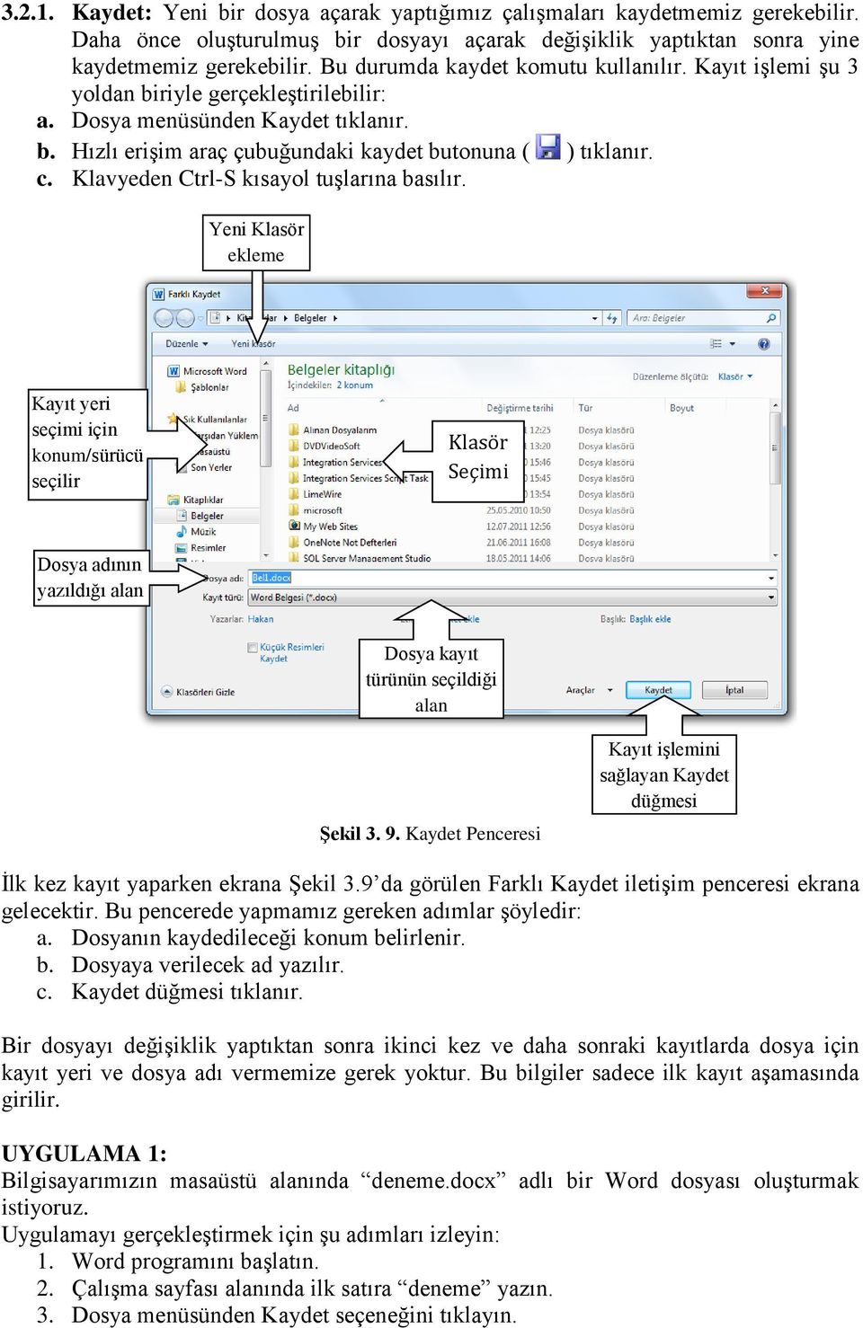 Klavyeden Ctrl-S kısayol tuşlarına basılır. Yeni Klasör ekleme Kayıt yeri seçimi için konum/sürücü seçilir Klasör Seçimi Dosya adının yazıldığı alan Dosya kayıt türünün seçildiği alan Şekil 3. 9.