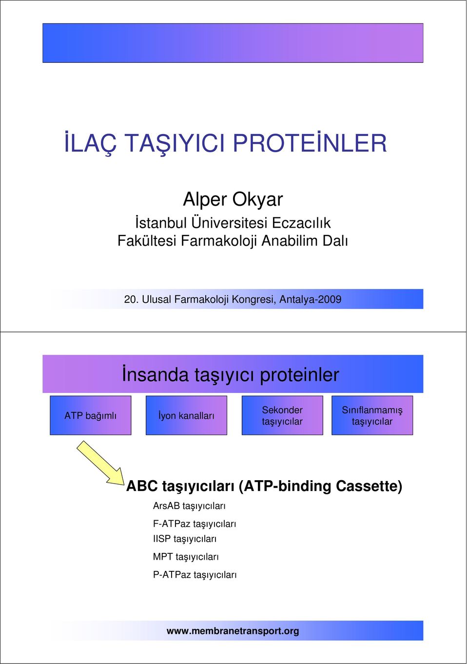 Ulusal Farmakoloji Kongresi, Antalya-2009 İnsanda taşıyıcı proteinler ATP bağımlı İyon kanalları