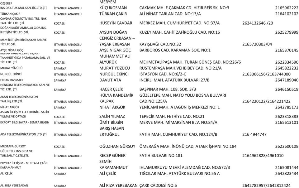 CAHİT ZAFİROĞLU CAD. NO:15 2625279999 MSM İLETİŞİM BİLGİSAYAR SAN.VE TİC.LTD.ŞTİ. İSTANBUL ANADOLU CENGİZ ERBASAN YAŞAR ERBASAN KAYIŞDAĞI CAD.
