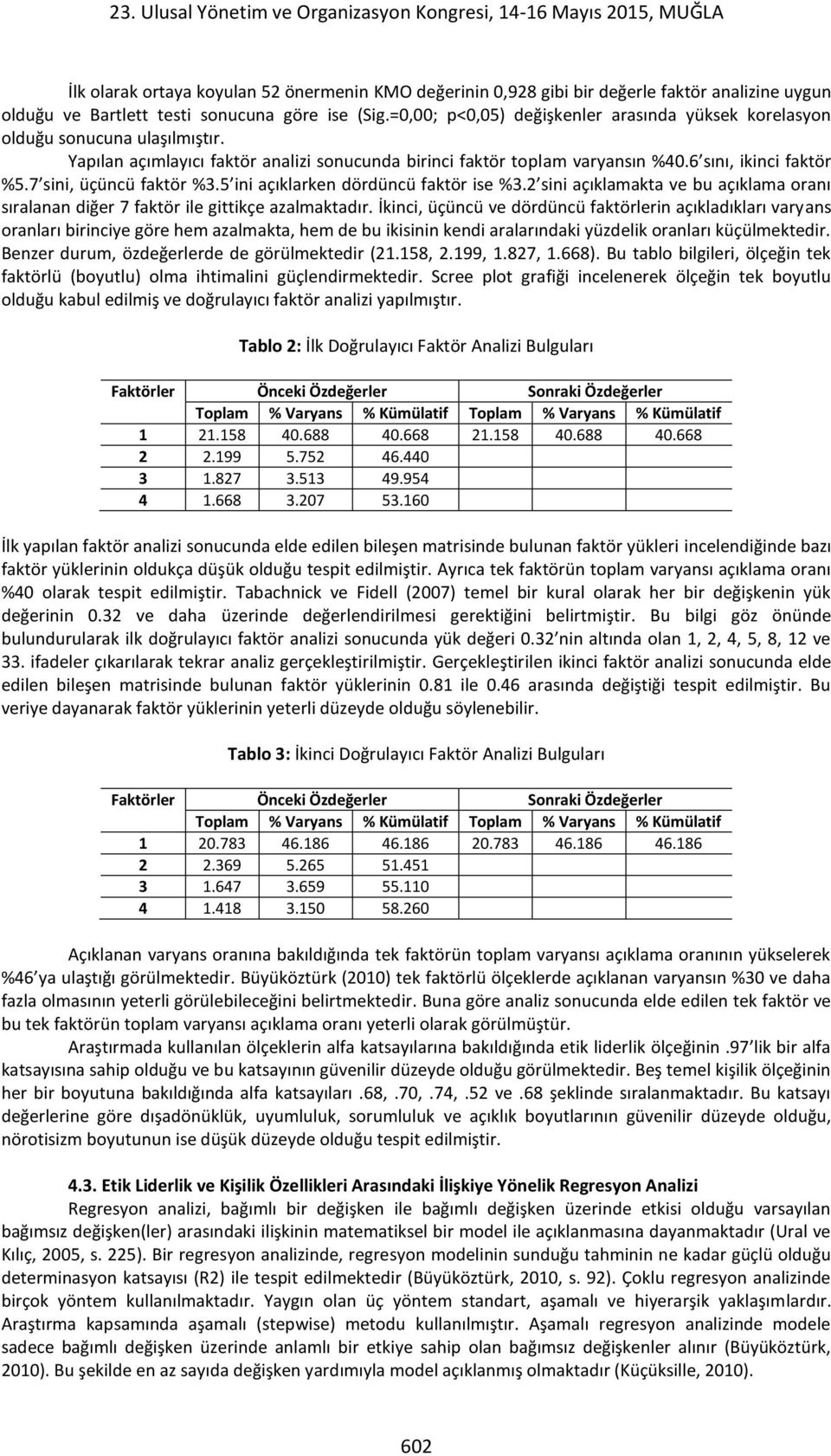 7 sini, üçüncü faktör %3.5 ini açıklarken dördüncü faktör ise %3.2 sini açıklamakta ve bu açıklama oranı sıralanan diğer 7 faktör ile gittikçe azalmaktadır.