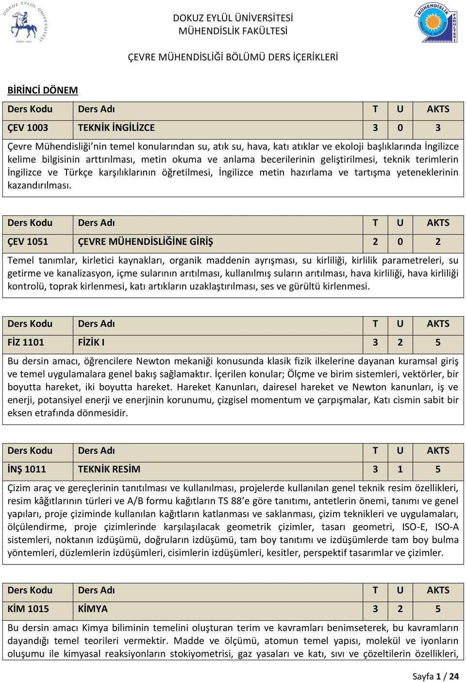 ÇEV 1051 ÇEVRE MÜHENDİSLİĞİNE GİRİŞ 2 0 2 Temel tanımlar, kirletici kaynakları, organik maddenin ayrışması, su kirliliği, kirlilik parametreleri, su getirme ve kanalizasyon, içme sularının