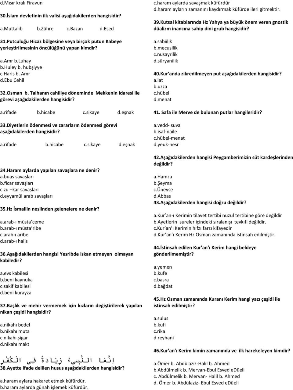 Talhanın cahiliye döneminde Mekkenin idaresi ile görevi aşağıdakilerden hangisidir? a.rifade b.hicabe c.sikaye d.eşnak 33.Diyetlerin ödenmesi ve zararların ödenmesi görevi aşağıdakilerden hangisidir?