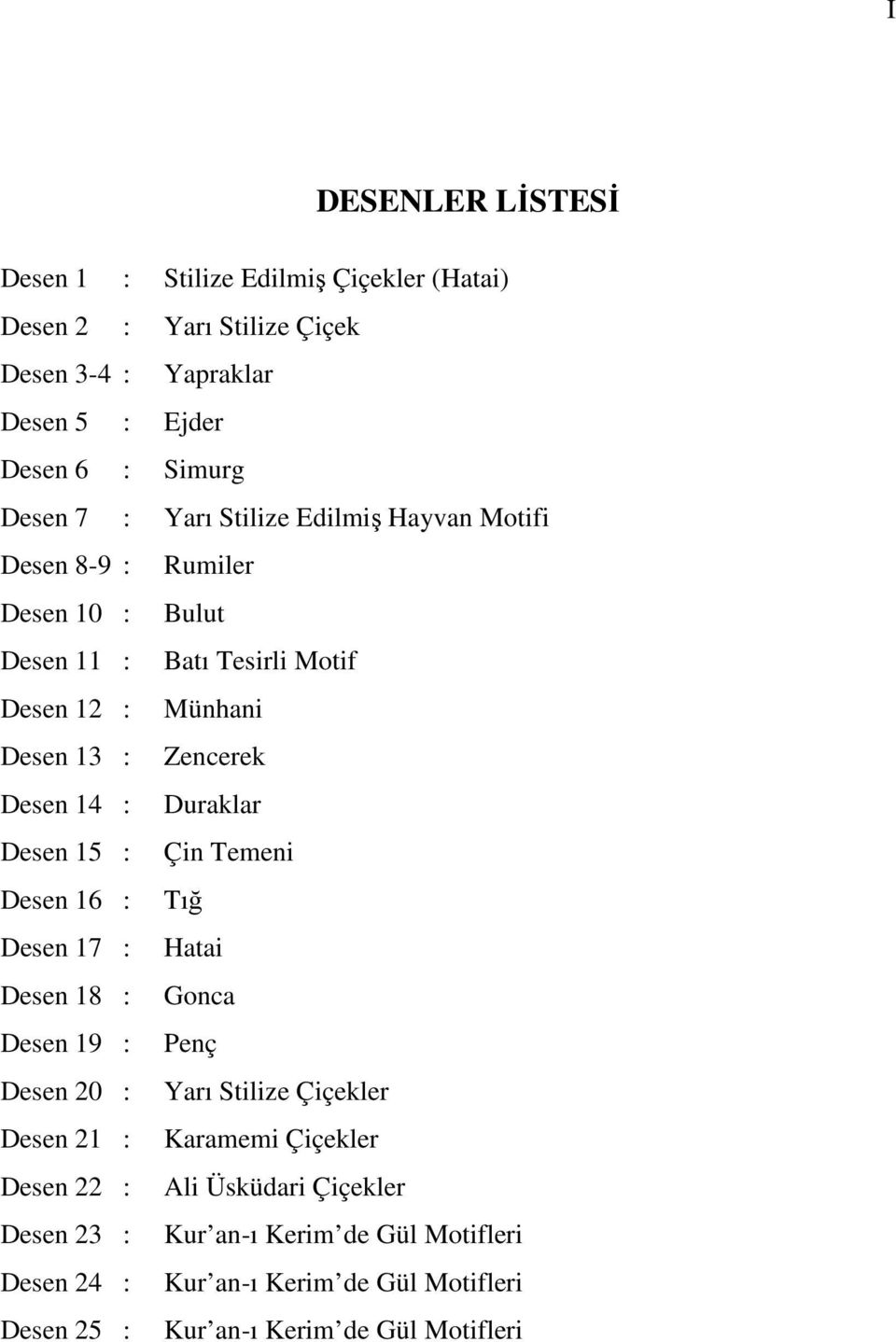 Duraklar Desen 15 : Çin Temeni Desen 16 : Tığ Desen 17 : Hatai Desen 18 : Gonca Desen 19 : Penç Desen 20 : Yarı Stilize Çiçekler Desen 21 : Karamemi