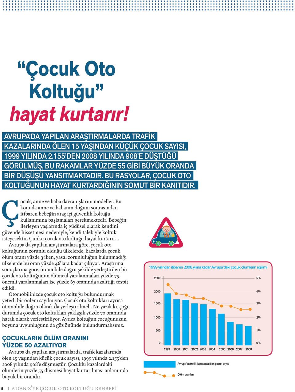 Çocuk, anne ve baba davranışlarını modeller. Bu konuda anne ve babanın doğum sonrasından itibaren bebeğin araç içi güvenlik koltuğu kullanımına başlamaları gerekmektedir.