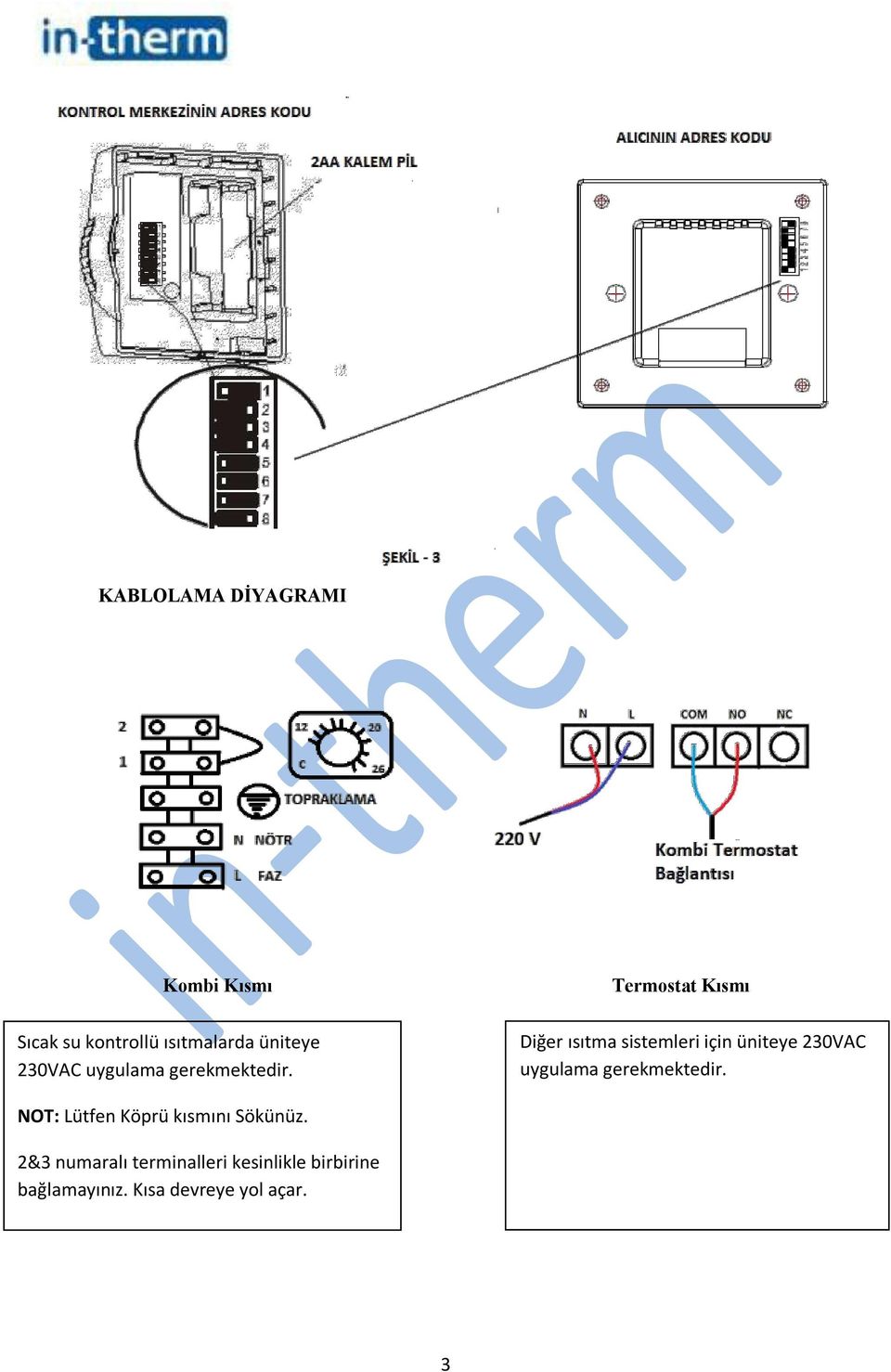 Termostat Kısmı Diğer ısıtma sistemleri için üniteye  NOT: Lütfen Köprü