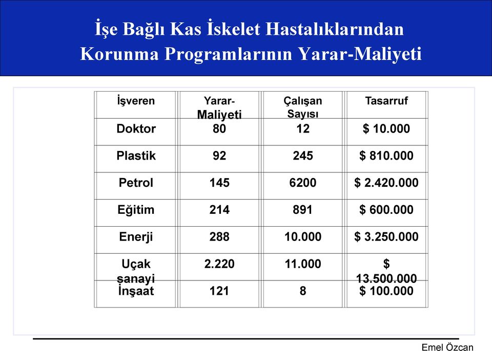 000 Plastik 92 245 $ 810.000 Petrol 145 6200 $ 2.420.000 Eğitim 214 891 $ 600.