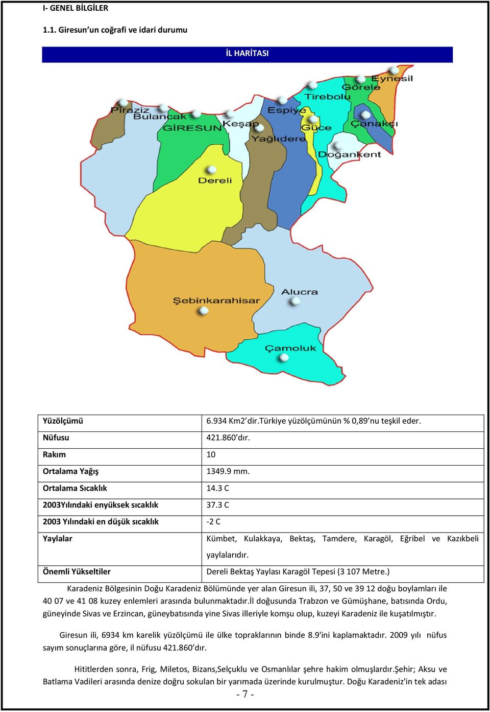 3 C 2003 Yılındaki en düşük sıcaklık -2 C Yaylalar Önemli Yükseltiler Kümbet, Kulakkaya, Bektaş, Tamdere, Karagöl, Eğribel ve Kazıkbeli yaylalarıdır. Dereli Bektaş Yaylası Karagöl Tepesi (3 107 Metre.